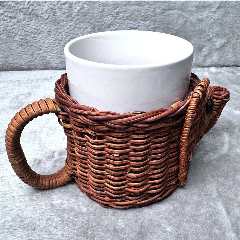 Elephant Mug Vintage Wicker Basket‎ Holder w/ White Ceramic Cup Cottagecore Boho